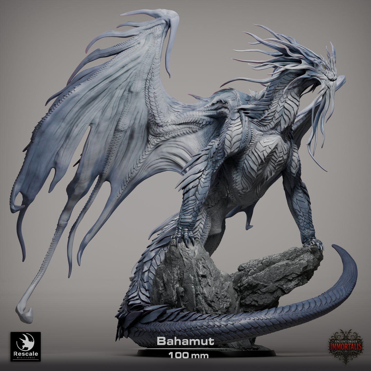 Bahamut Dragon Large D&D Miniature | Platinum Dragon God Figure | Resin 3D Printed Tabletop RPG Model | 100mm Base