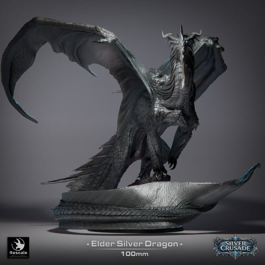 Elder Silver Dragon Large D&D Miniature | Ancient Silver Dragon Boss Figure | Resin Tabletop RPG Model | 100mm Base
