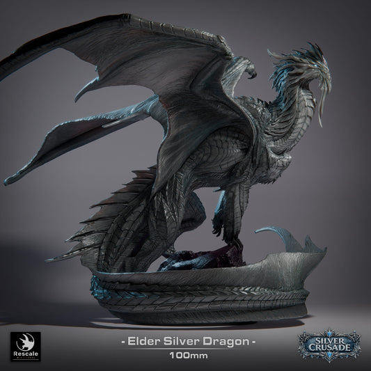 Elder Silver Dragon Large D&D Miniature | Ancient Silver Dragon Boss Figure | Resin Tabletop RPG Model | 100mm Base