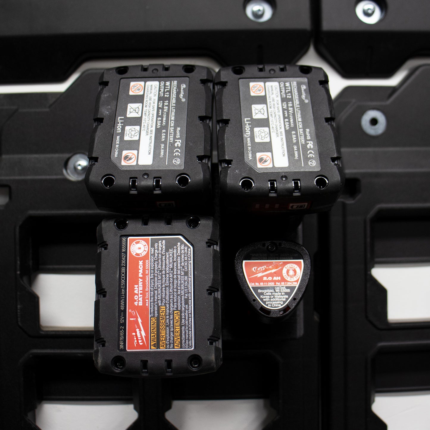 Packout Wall M12 Battery Holder Quad Mount (Large and Small Batteries)