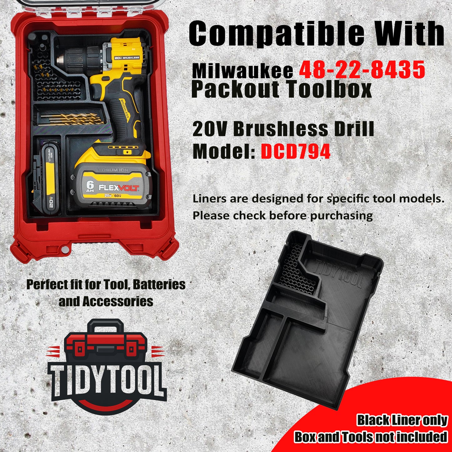 DeWalt 20V Brushless Drill (DCD794) Organizer for Milwaukee Compact Packout