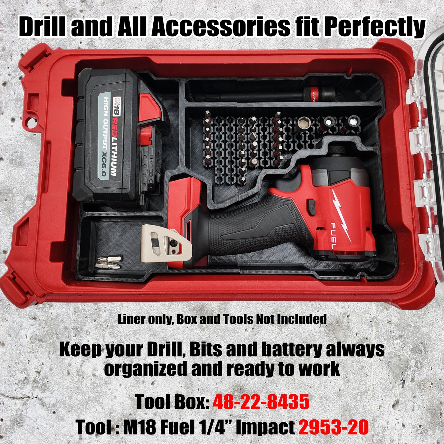 M18 Fuel 1/4" Hex Impact Driver Organizer for Milwaukee Compact Packout