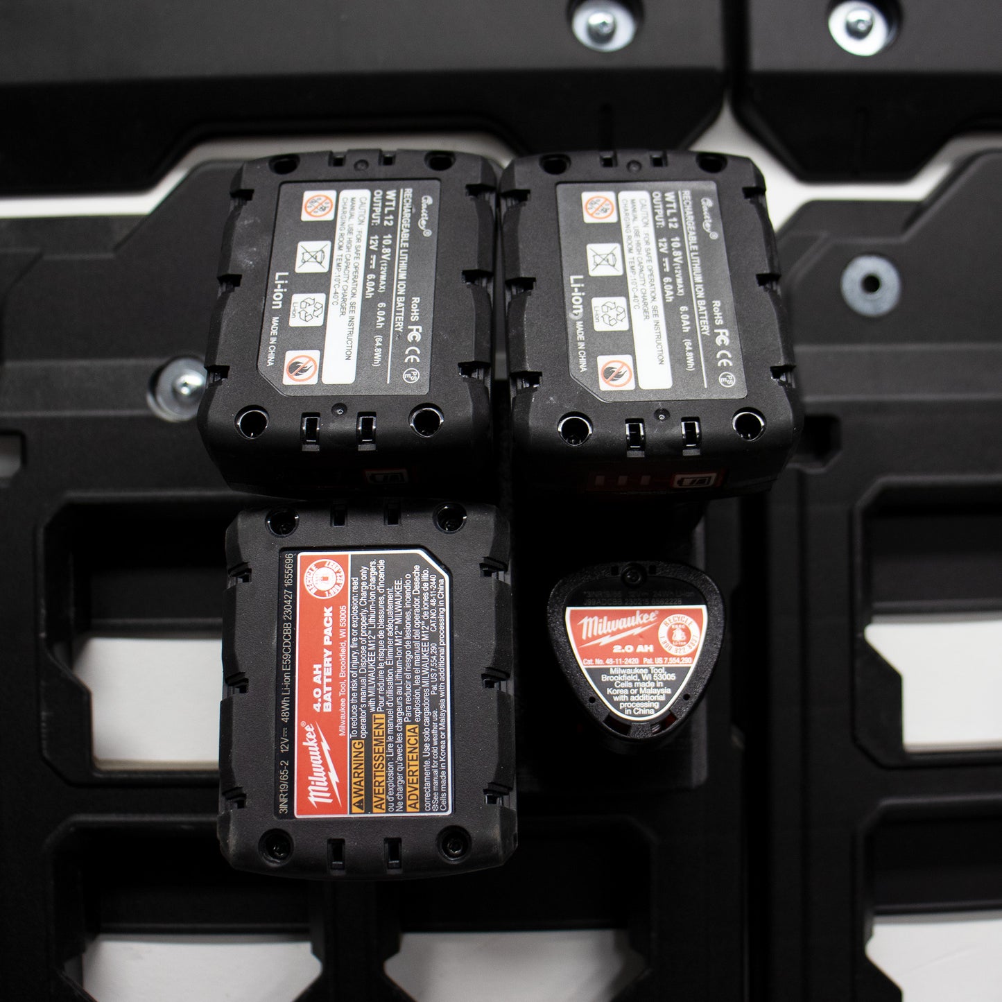 Packout Wall M12 Battery Holder Quad Mount (Large and Small Batteries)